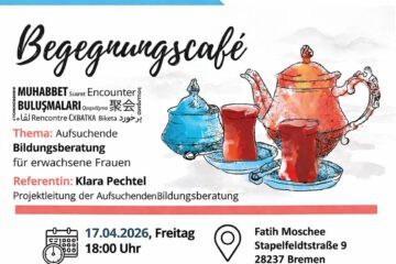 Ankündigung des Begegnungscafés in der Fatih Moschee mit der Aufsuchenden Bildungsberatung als Gast.