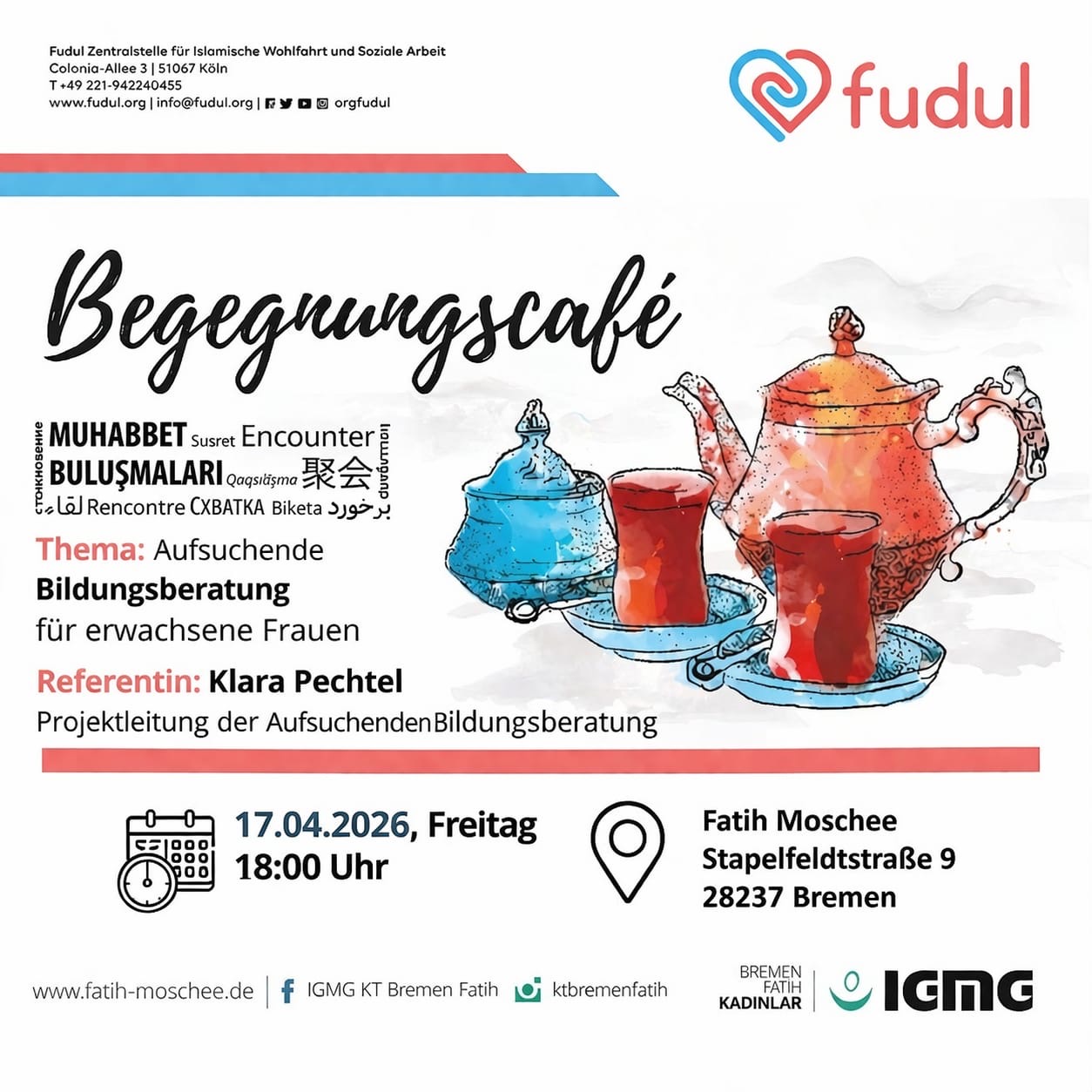 Ankündigung des Begegnungscafés in der Fatih Moschee mit der Aufsuchenden Bildungsberatung als Gast.