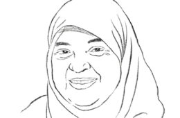 Das ist die Zeichnung von Halime Cengiz. Zu sehen ist ihr Gesicht und dass sie ein Kopftuch trägt. Die Zeichnung ist von Bettina Bexte.