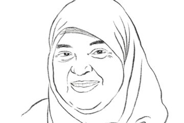 Das ist die Zeichnung von Halime Cengiz. Zu sehen ist ihr Gesicht und dass sie ein Kopftuch trägt. Die Zeichnung ist von Bettina Bexte.