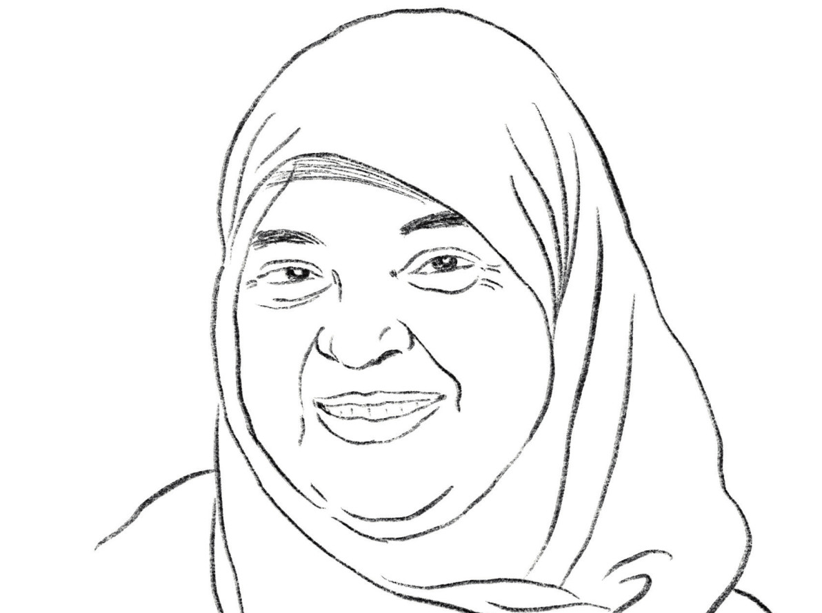 Das ist die Zeichnung von Halime Cengiz. Zu sehen ist ihr Gesicht und dass sie ein Kopftuch trägt. Die Zeichnung ist von Bettina Bexte.